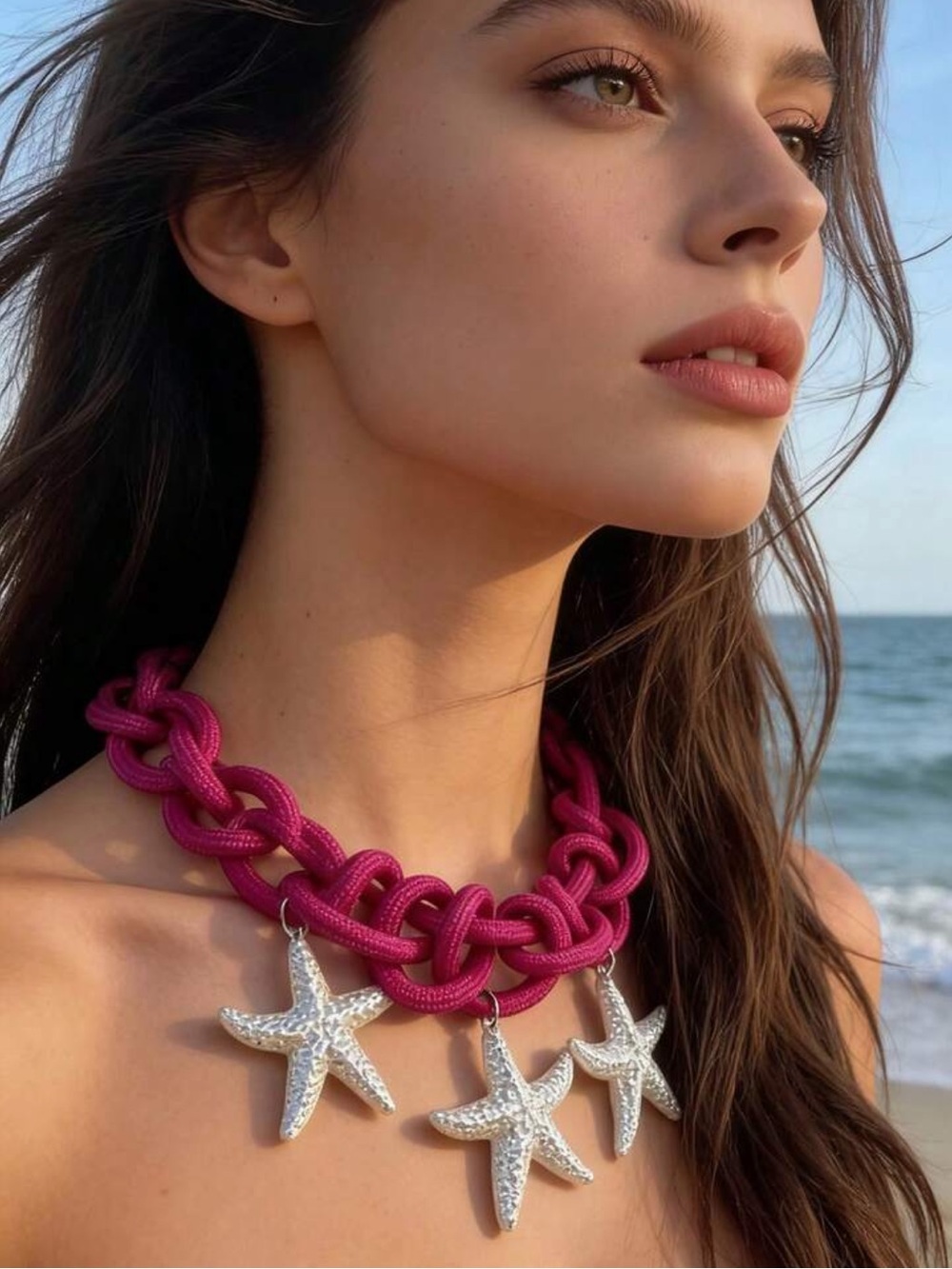 Pink Knotted Rope Necklace with Silver Starfish Pendants R750